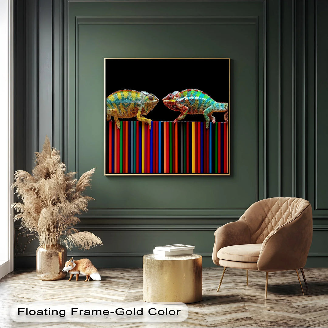Color Clash – Vibrant Chameleon Duo on Pencils Canvas Print - MyPhotoStation