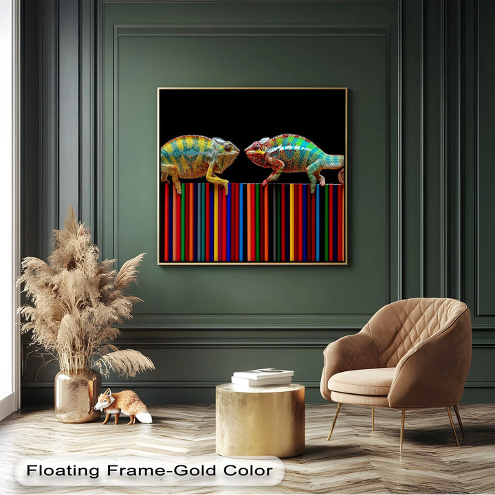 Color Clash – Vibrant Chameleon Duo on Pencils Canvas Print - MyPhotoStation