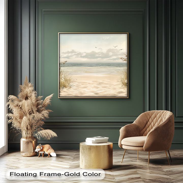 Designed to evoke relaxation, this modern coastal art piece captures the essence of barefoot beach walks and open sea horizons.

