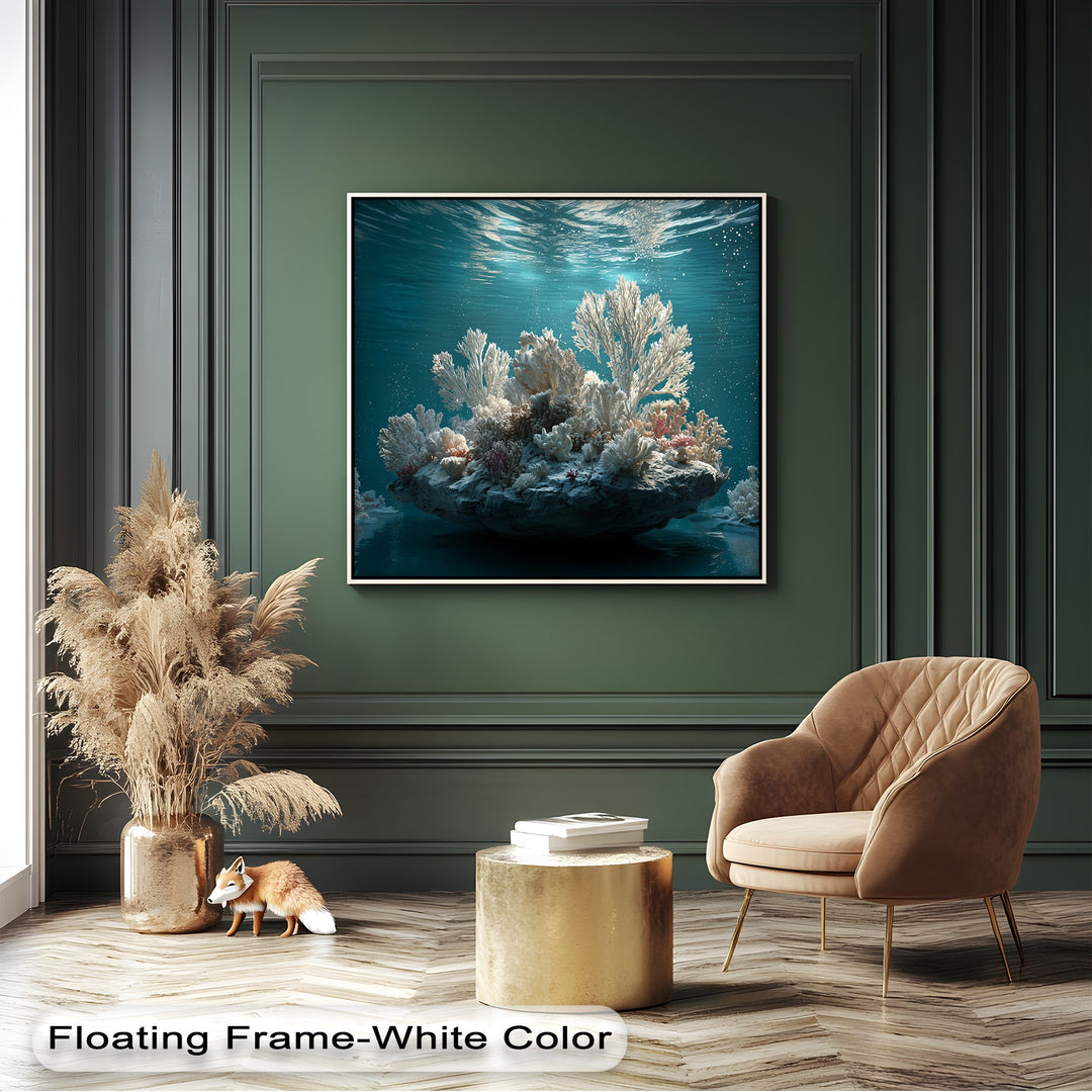 A rectangular, portrait-oriented canvas artwork showcases a vibrant white coral reef thriving in a tranquil underwater ocean scene.