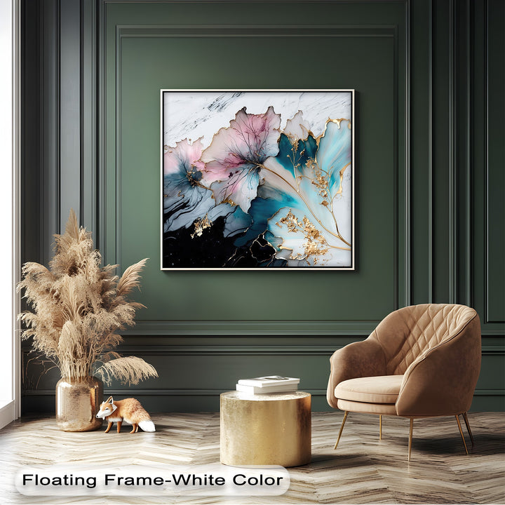An exquisite abstract pastel floral framed canvas featuring stylized pink, aqua blue, and deep teal flowers with delicate gold accents.