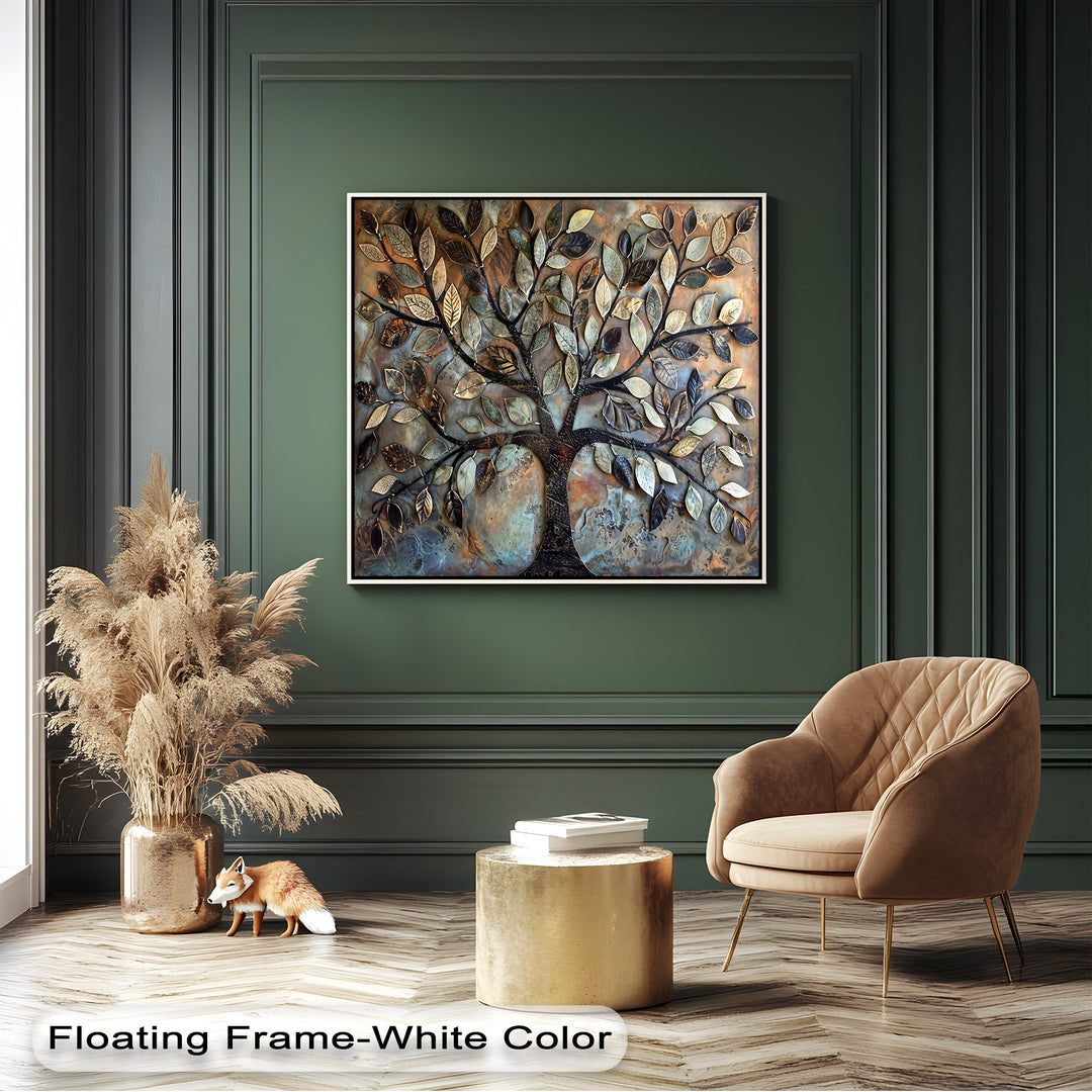The deep, dark forest green paneled wall beautifully frames a 3D Style Tree of Life canvas print, considered among the best canvas prints.
