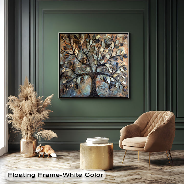 The deep, dark forest green paneled wall beautifully frames a 3D Style Tree of Life canvas print, considered among the best canvas prints.
