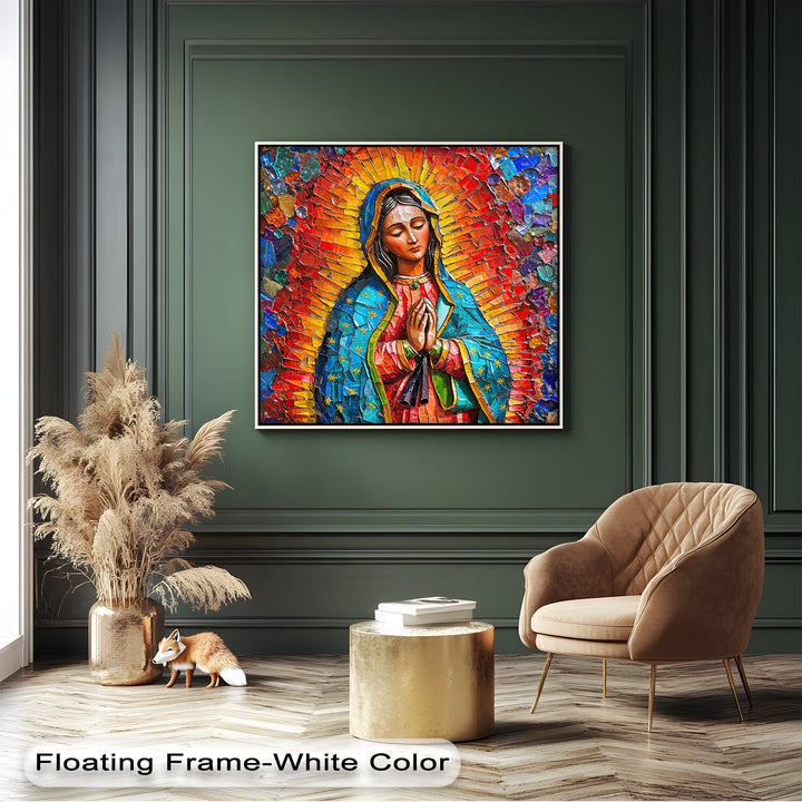 Dynamic interplay of light and shadow highlights the intricate mosaic texture of the Our Lady of Guadalupe big canvas prints, a vibrant religious wall art.