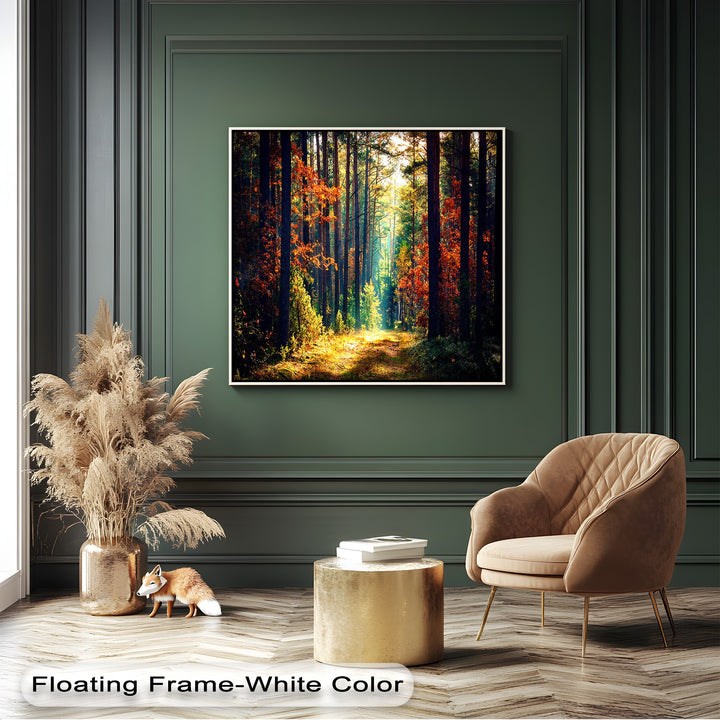 The crisp white floating frame elegantly encloses the vibrant autumn forest canvas art prints, highlighting the sunlit path.