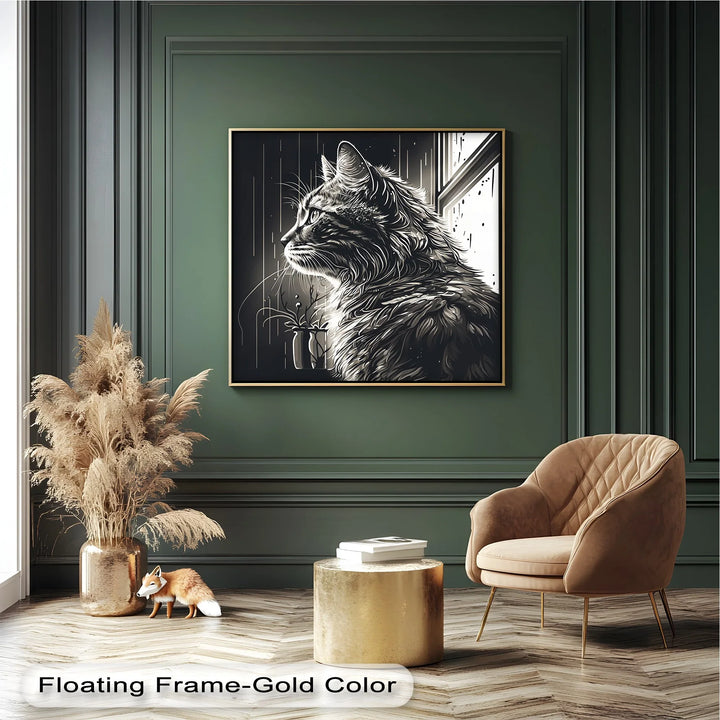 Cat Looking Out the Window in Monochrome - Cat Canvas Print - MyPhotoStation