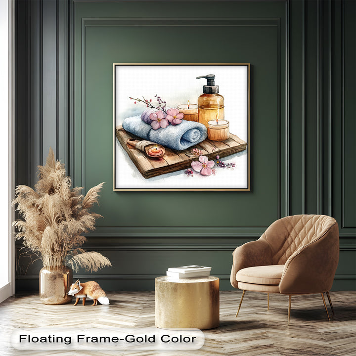 Bring serenity to your space with this spa bathroom canvas wall art, featuring calming lavender tones, candlelight, and floral accents for a peaceful retreat.

