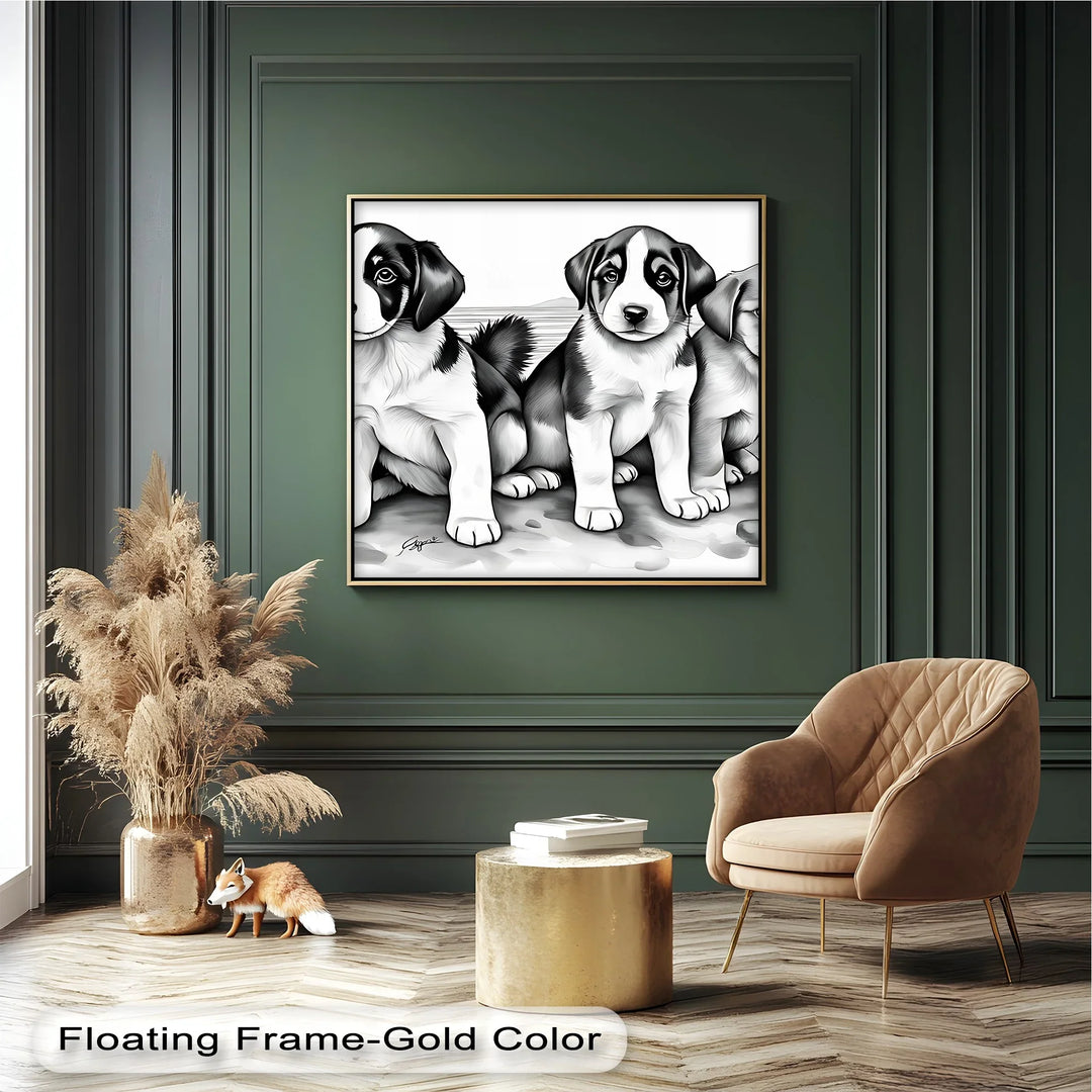 Seaside Trio – Monochrome Puppy Portrait at the Shore Canvas Print - MyPhotoStation