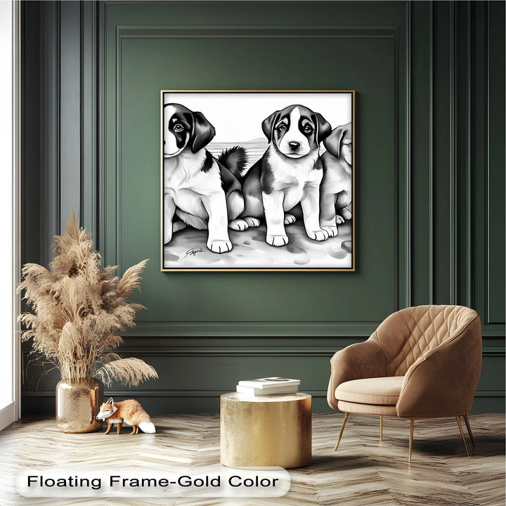 Seaside Trio – Monochrome Puppy Portrait at the Shore Canvas Print - MyPhotoStation