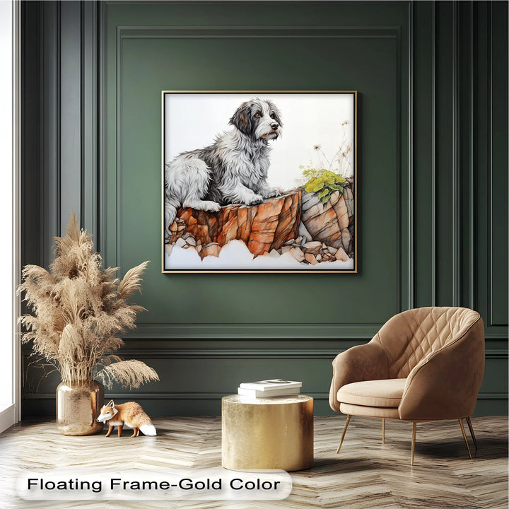 Cliffside Watch – Shaggy Dog on Rocky Ledge Pencil Art Canvas Print - MyPhotoStation