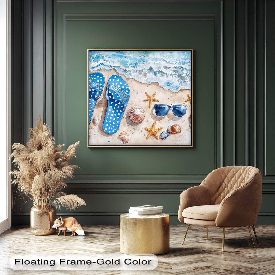Add a playful pop to your space with this ocean-themed canvas print, showcasing flip flops, shells, and surf in joyful detail.

