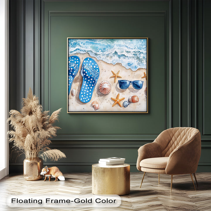 Add a playful pop to your space with this ocean-themed canvas print, showcasing flip flops, shells, and surf in joyful detail.

