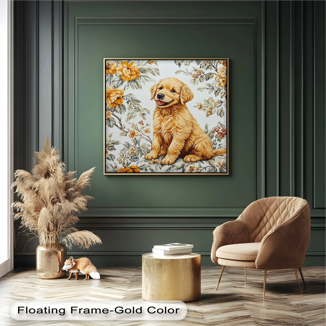 Smiling Golden Retriever Puppy with Vintage Floral Backdrop - Canvas Print - MyPhotoStation