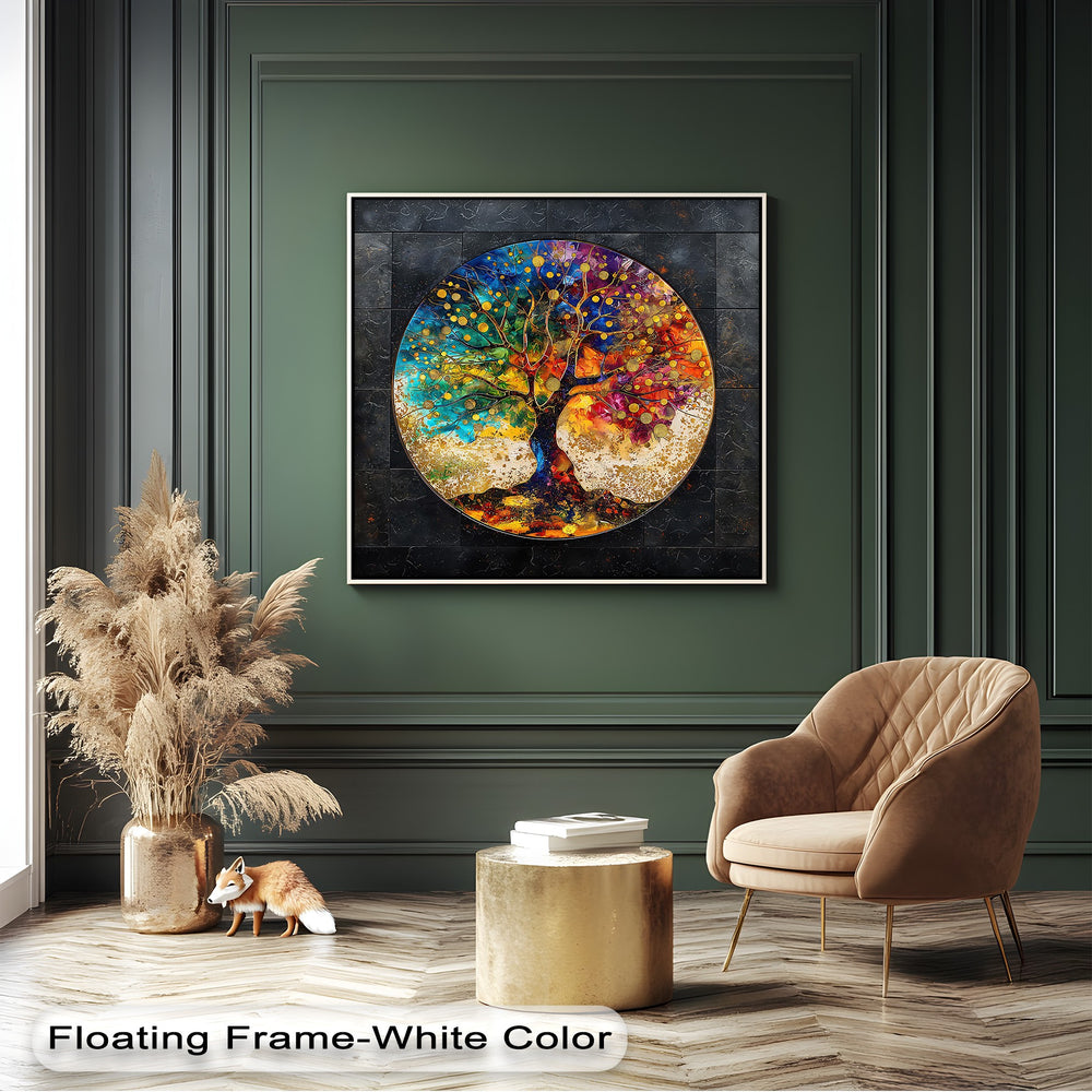 The high material quality of these colorful tree canvas pictures is apparent, displaying vibrant round abstract nature art with intricate details.