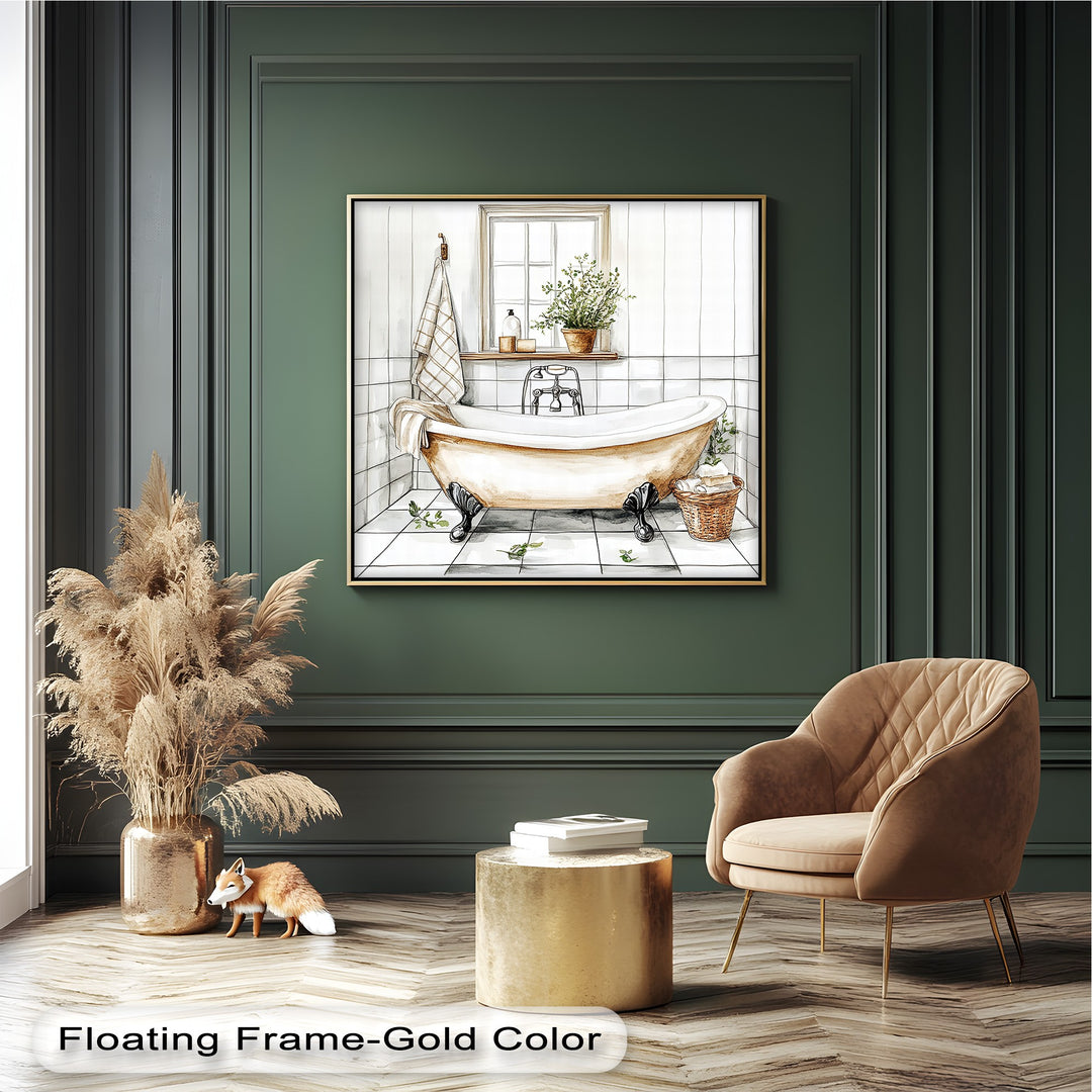Bring soothing spa vibes to your space with this minimalist bathroom canvas art, blending neutral tiles, greenery, and vintage details for a peaceful atmosphere.

