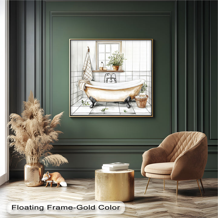 Bring soothing spa vibes to your space with this minimalist bathroom canvas art, blending neutral tiles, greenery, and vintage details for a peaceful atmosphere.

