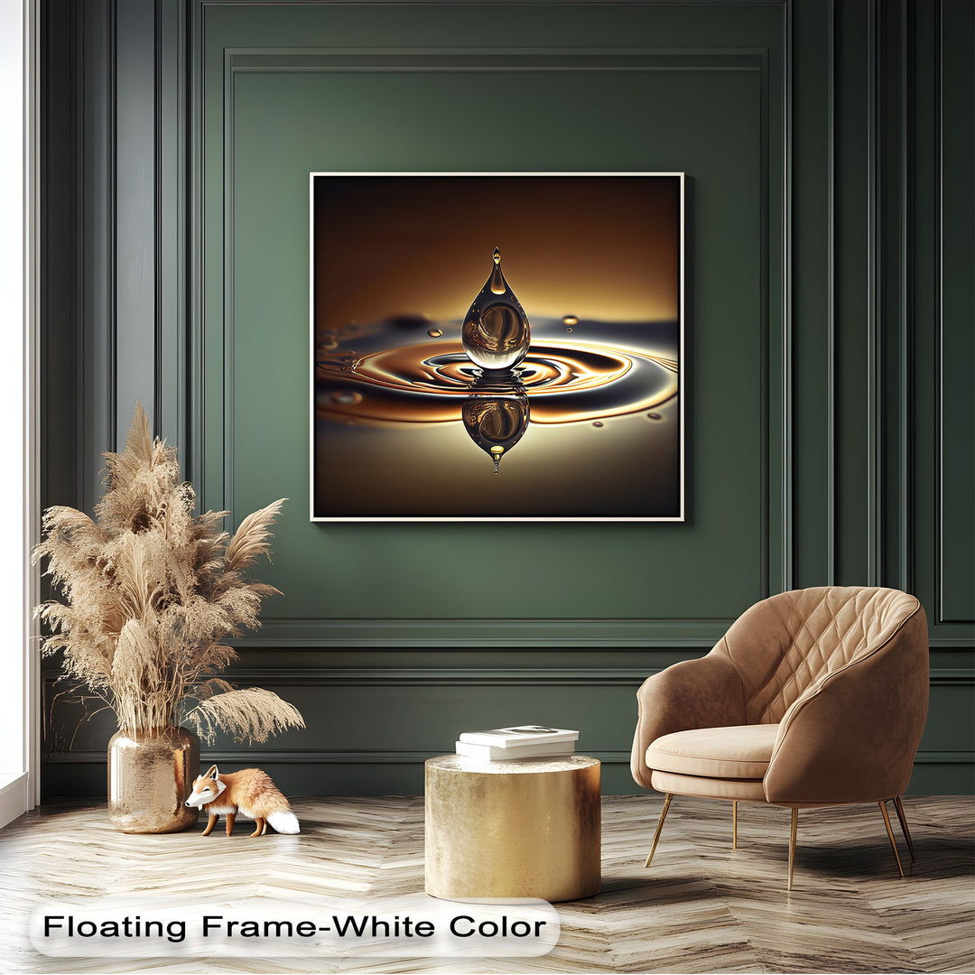 An elegantly serene mood emanates from the captivating golden water drop canvas pictures, showcasing fluid ripples.