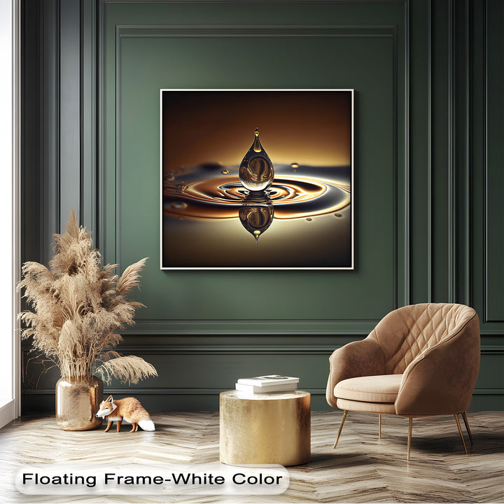 An elegantly serene mood emanates from the captivating golden water drop canvas pictures, showcasing fluid ripples.