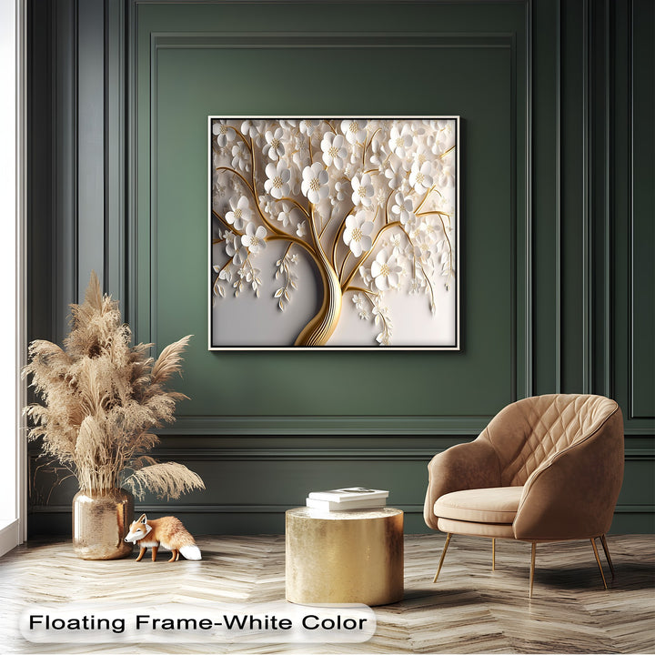 Highly saturated white blossom tree canvas pictures feature vibrant gold floral branches, enriching the room's deep green palette.