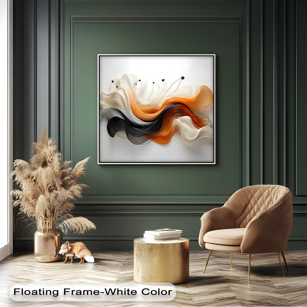 A chic, modern mood emanates from abstract art with flowing orange, black, and cream ribbon forms, beautifully displayed as big canvas prints.