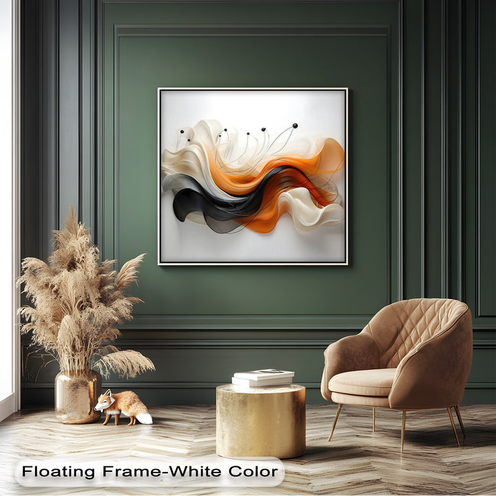 A chic, modern mood emanates from abstract art with flowing orange, black, and cream ribbon forms, beautifully displayed as big canvas prints.