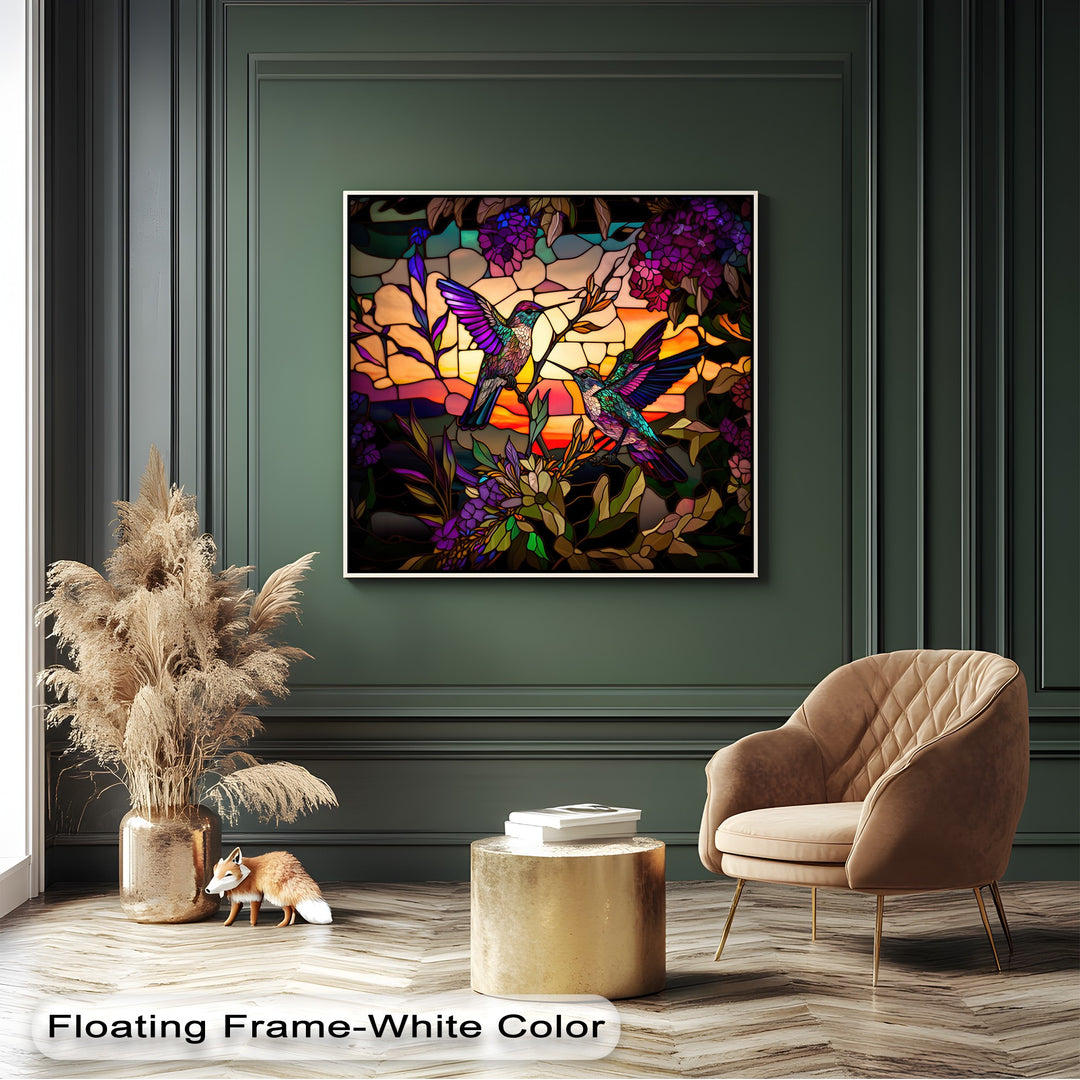 Dried pampas grass softly sways in a golden vase beside a vibrant canvas painting depicting stained glass hummingbirds and rich floral patterns.
