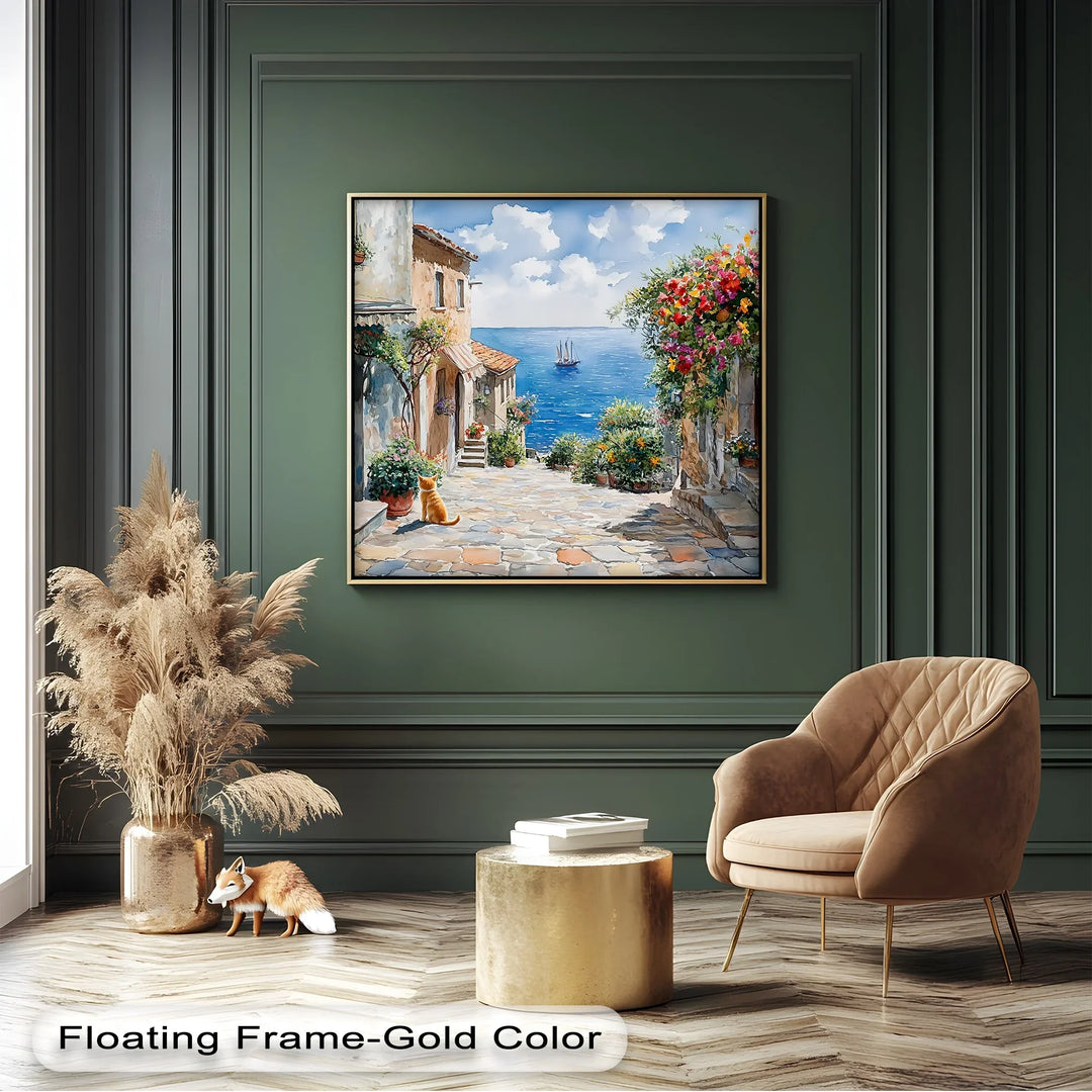 Mediterranean Daydream – Seaside Street with Cat Canvas Print - MyPhotoStation