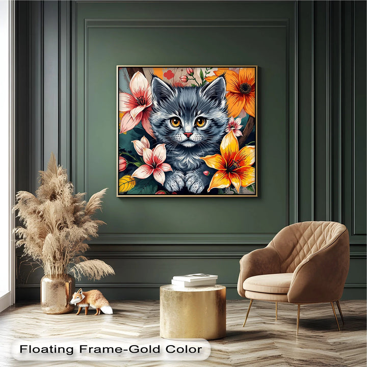 Bloom Burst – Gray Kitten with Vibrant Florals Cat Canvas Print - MyPhotoStation