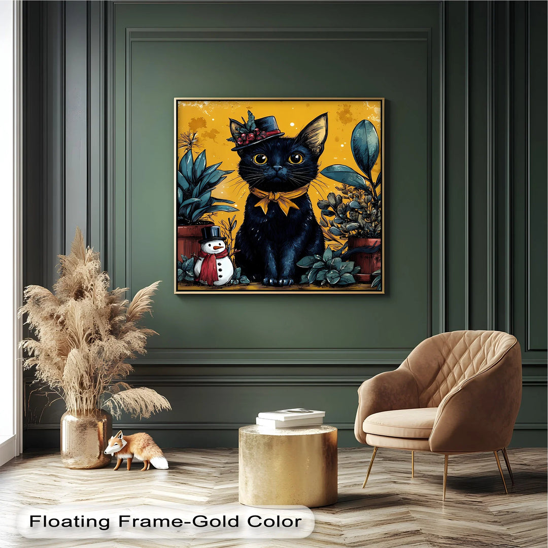 Black Cat with Holiday Hat and Yellow Ribbon - Cat Canvas Print - MyPhotoStation