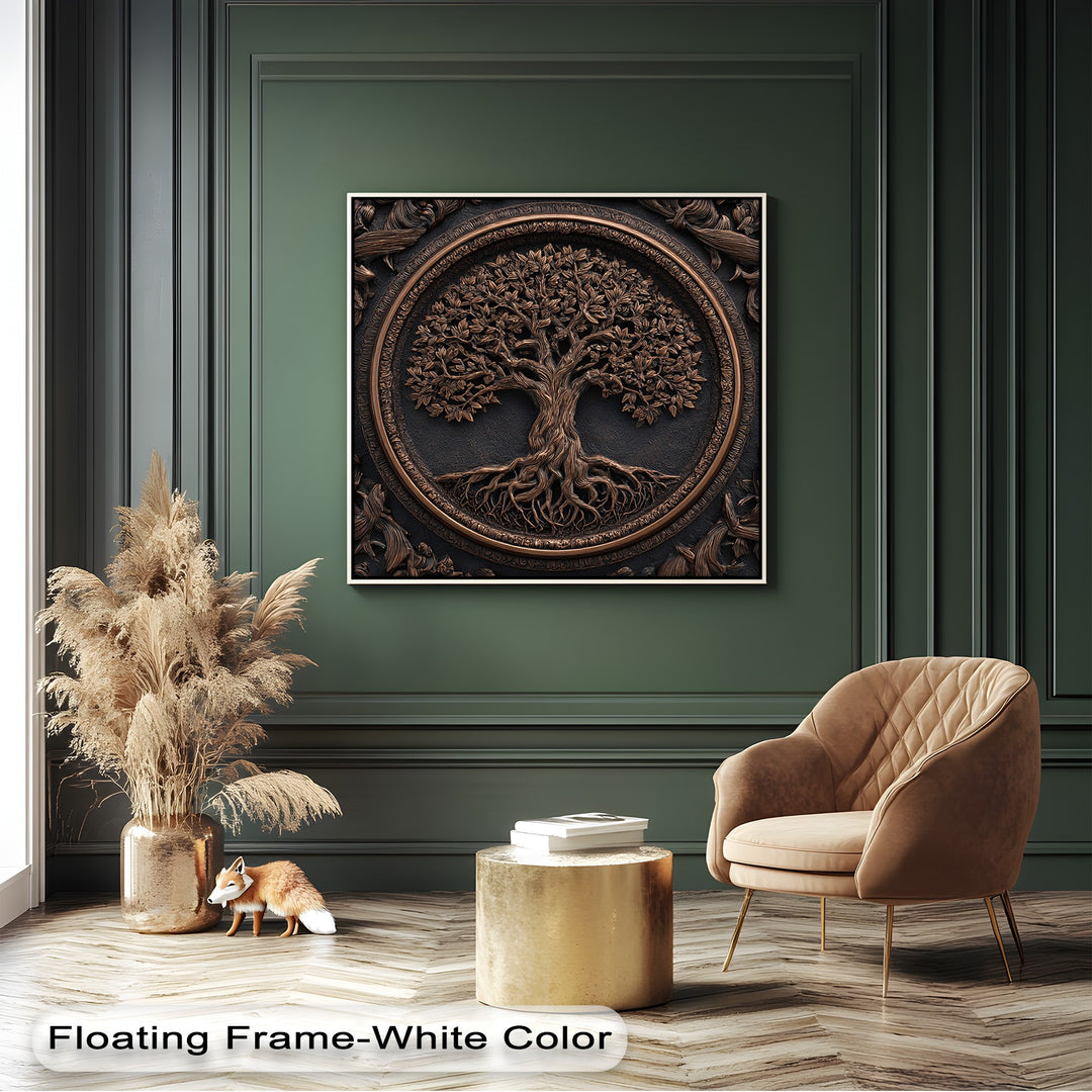 The room's visual rhythm is enhanced by the detailed Bronze Tree of Life canvas wall decor, harmonizing with vertical wall panels.