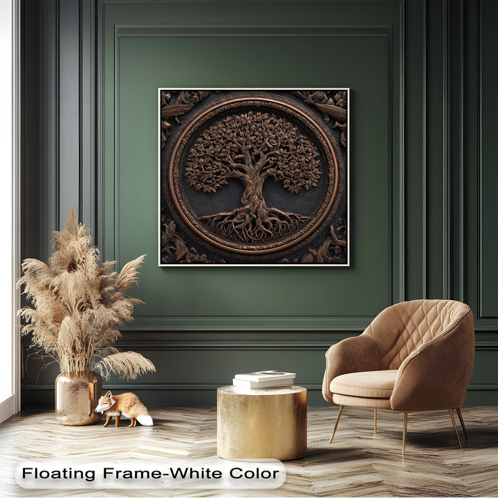 The room's visual rhythm is enhanced by the detailed Bronze Tree of Life canvas wall decor, harmonizing with vertical wall panels.