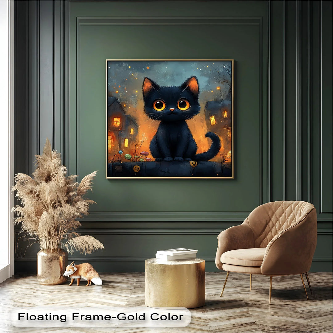 Big-Eyed Black Kitten in a Halloween Town - Cat Canvas Print - MyPhotoStation
