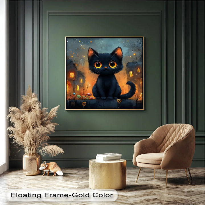 Big-Eyed Black Kitten in a Halloween Town - Cat Canvas Print - MyPhotoStation