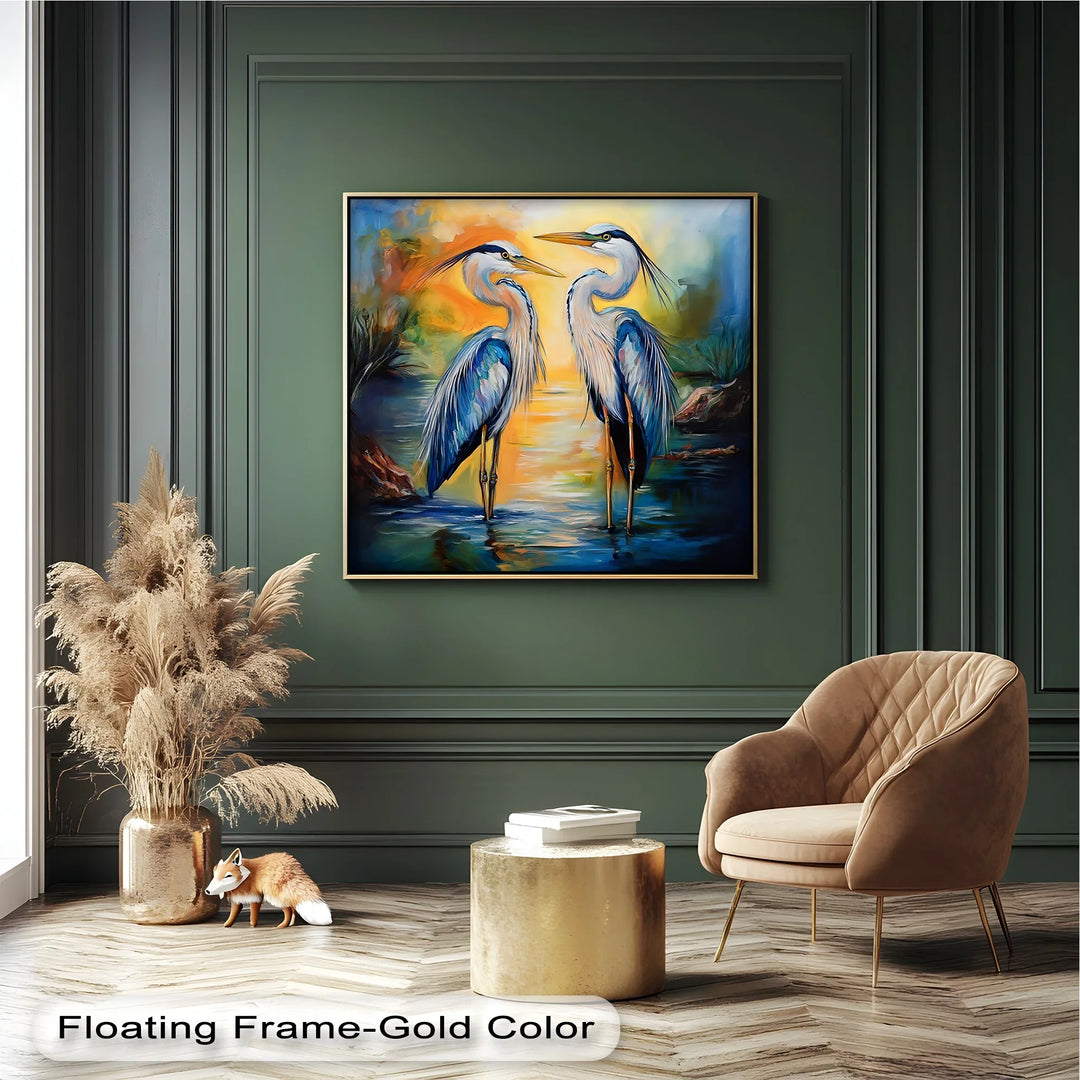 Twin Grace – Elegant Blue Herons at Sunset Canvas Wall Art - MyPhotoStation