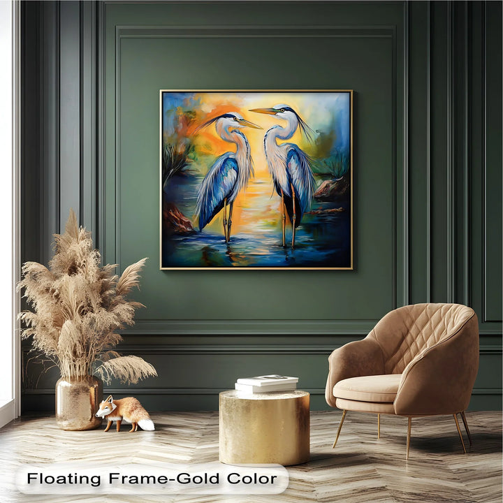 Twin Grace – Elegant Blue Herons at Sunset Canvas Wall Art - MyPhotoStation