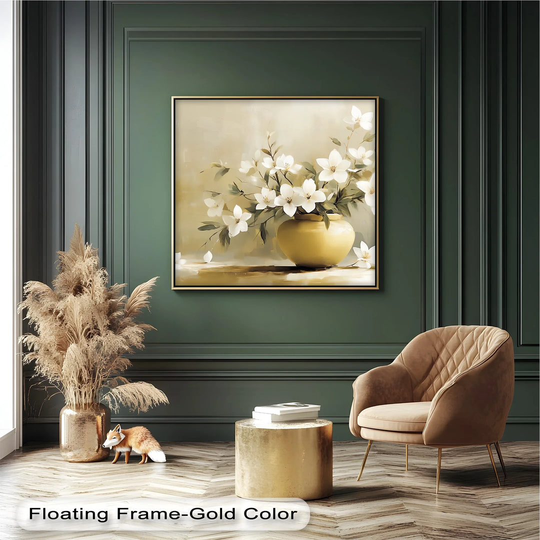 Harmony in Bloom – White Flowers in Golden Vase Canvas Art - MyPhotoStation