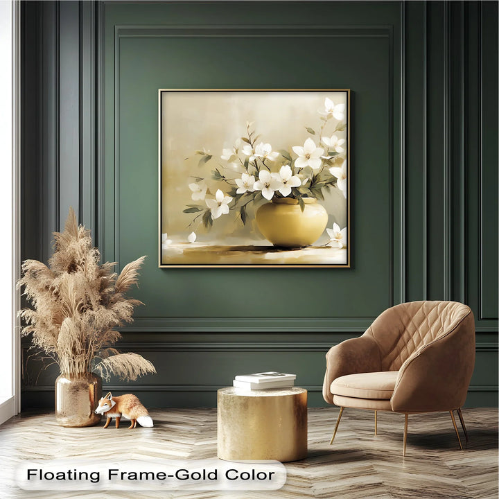 Harmony in Bloom – White Flowers in Golden Vase Canvas Art - MyPhotoStation