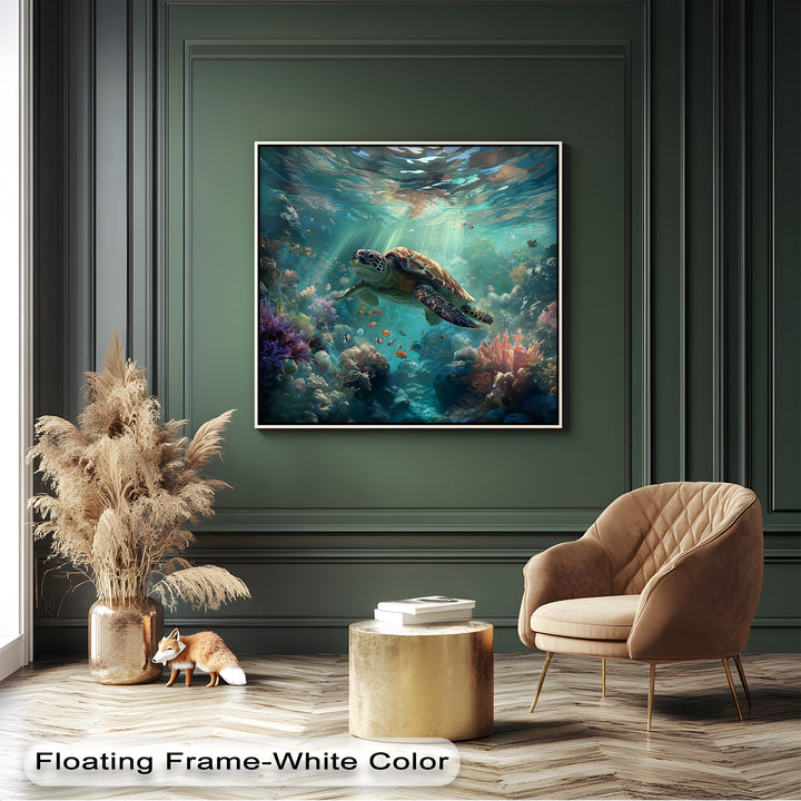 A tranquil and vibrant mood fills this sea turtle canvas artwork, with a turtle swimming through sunlit turquoise water.
