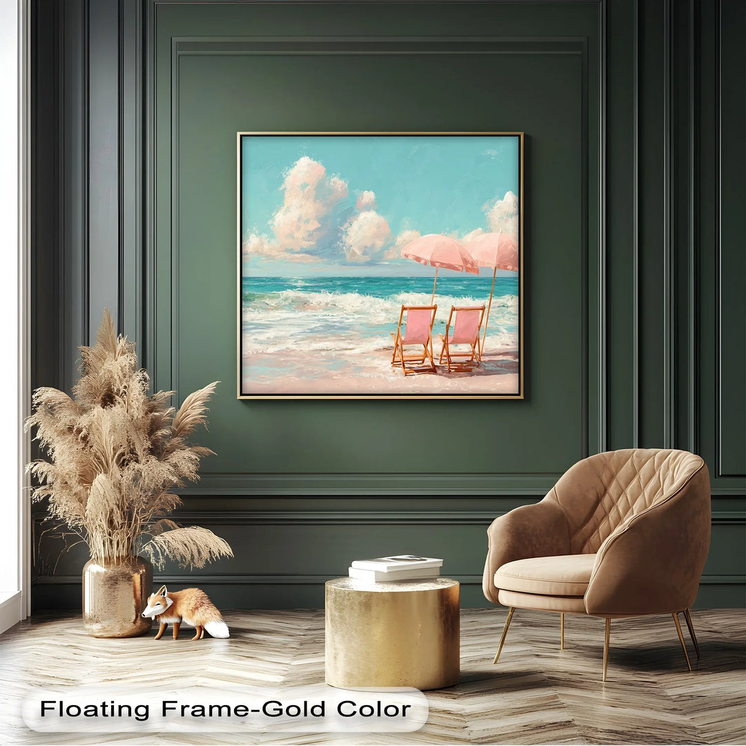 Serene Beach Escape with Pink Umbrellas – Seaside Canvas Print - MyPhotoStation