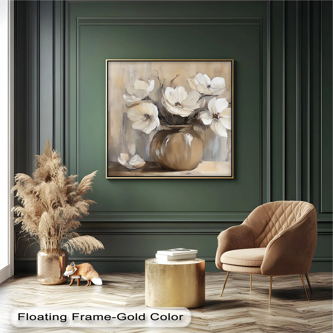 Vintage Serenity – Beige Vase with Cream Flowers Canvas Wall Art - MyPhotoStation