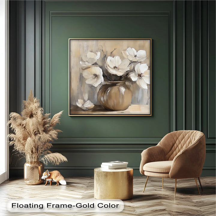 Vintage Serenity – Beige Vase with Cream Flowers Canvas Wall Art - MyPhotoStation