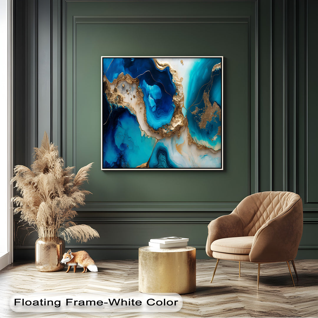 Vivid color contrast in this luxury blue gold agate abstract canvas wall decor highlights deep blues, shimmering gold, and crisp white.