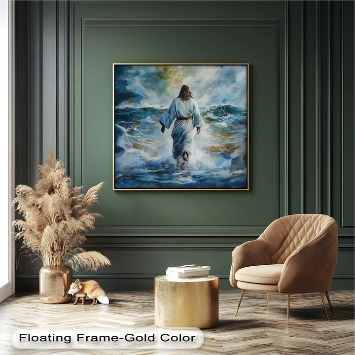 Stunning biblical ocean scene canvas print in vivid blues and whites.

