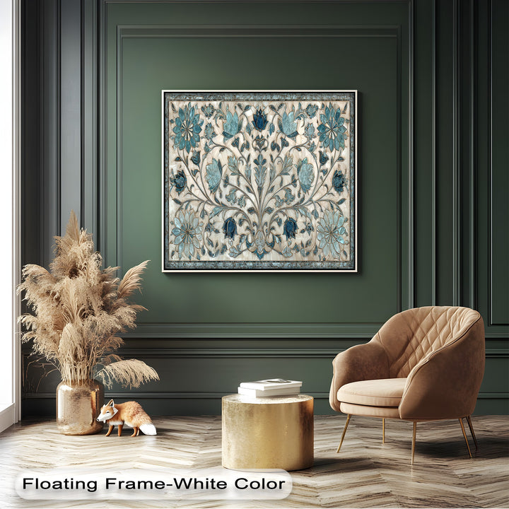 Soft light and intricate shadows enhance the delicate blue floral ornament canvas artwork, creating depth on the elegant botanical design.