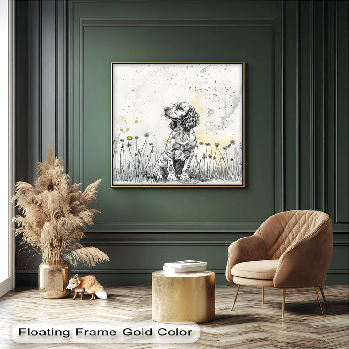Gentle Wonder – Ink Sketch Puppy in Dandelion Meadow Canvas Print - MyPhotoStation
