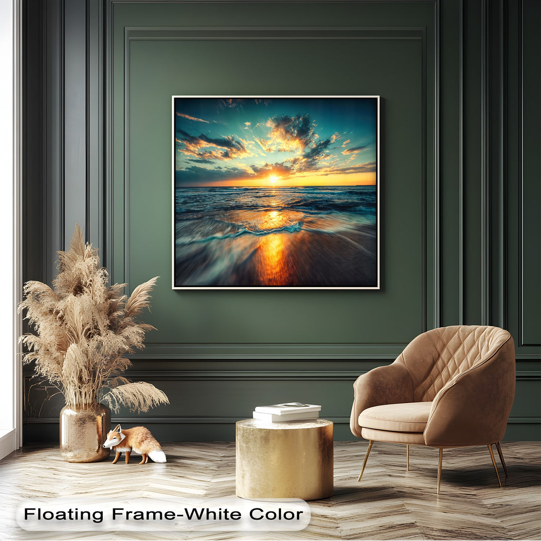 The layering effect is evident in the vibrant ocean sunset canvas wall art, with sun-kissed clouds above reflective waves and wet sand.