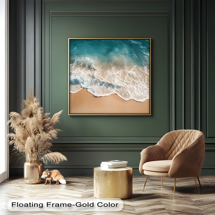 Perfect for relaxation spaces, this beach view wall art combines clear blue waters and foamy surf to evoke a peaceful and airy ambiance.

