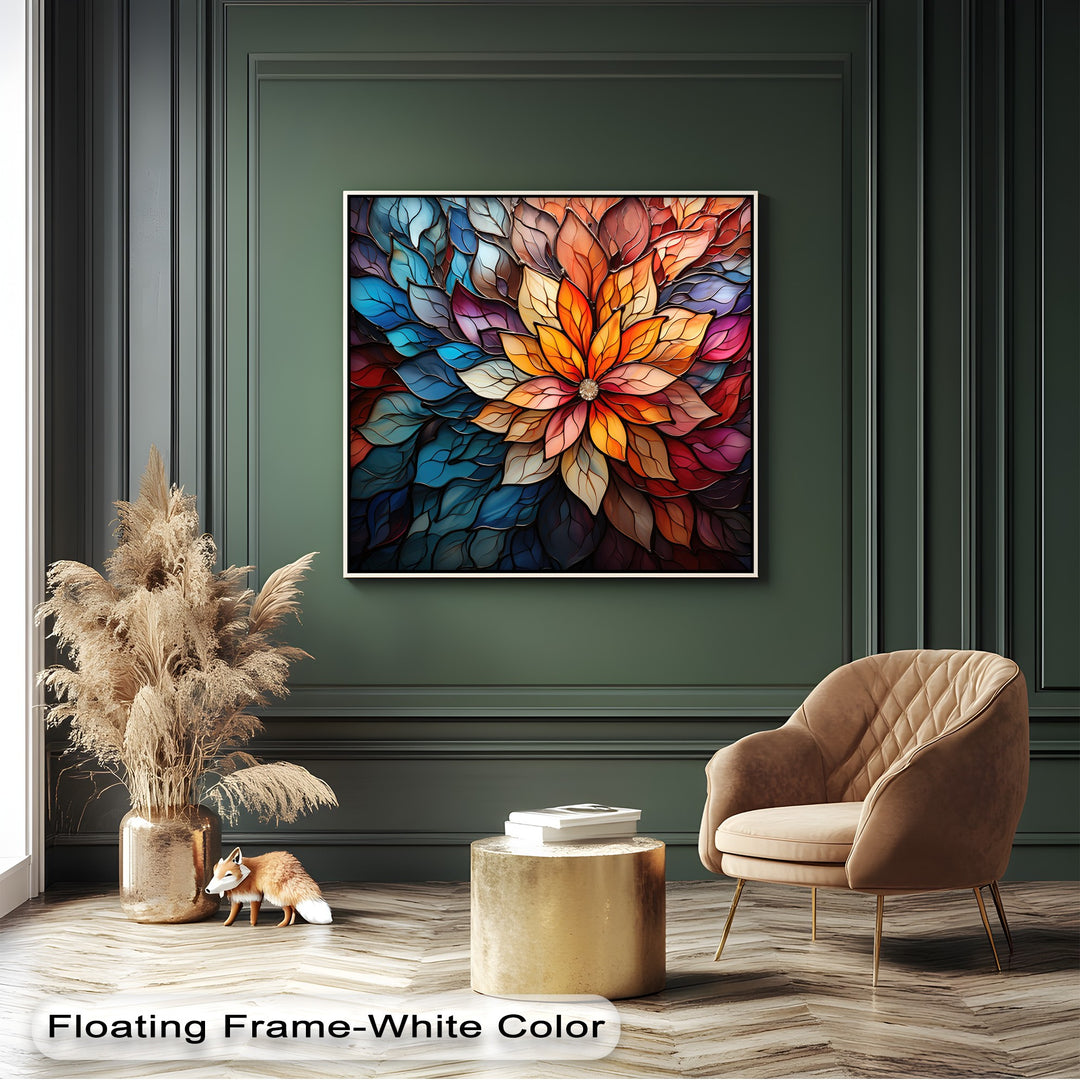 Vibrant layering effect highlights the intricate, jewel-toned petals of this stained glass flower canvas art, creating a stunning floral display.