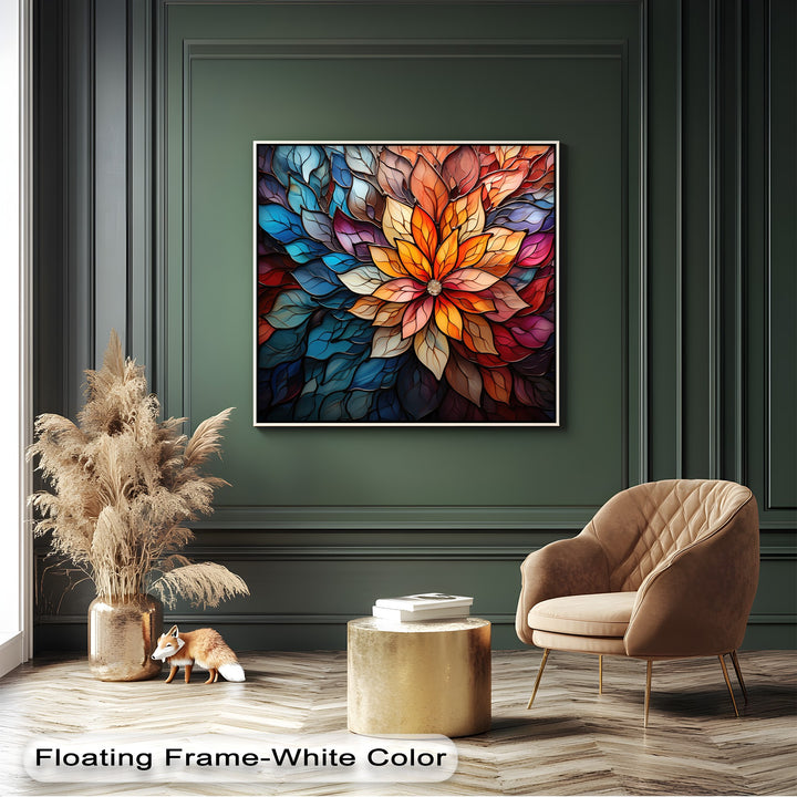 Vibrant layering effect highlights the intricate, jewel-toned petals of this stained glass flower canvas art, creating a stunning floral display.