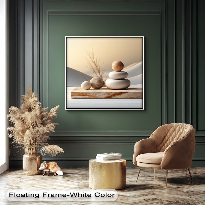 The soft color saturation of this Zen Stone Balance high quality canvas print enhances the minimalist spa wall art with tranquil, natural tones.